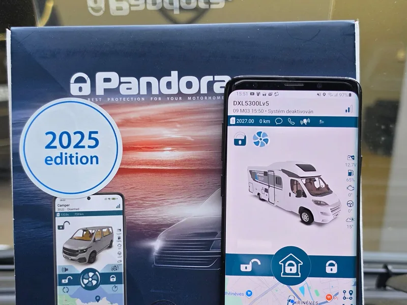 Ovládání alarmu Pandora Camper v aplikaci u obytného vozu Adria